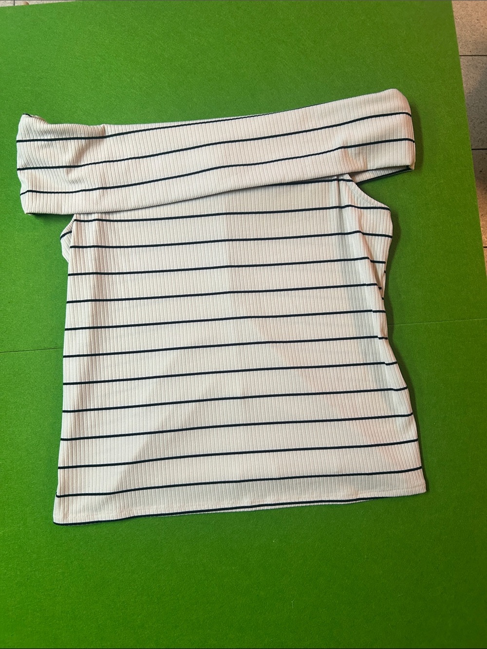Off-Shoulder Striped Ribbed Top - White with Navy Stripes Nautical DateNight XXL